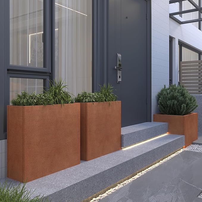Galvanized Steel Metallic Heavy Planter for Outdoor Plants Metal Outdoor Planter Spliced Flower Box with Partitions for Outside,Indoor,Garden (Corten, 24 * 10 * 24)-Ruum Studio Home