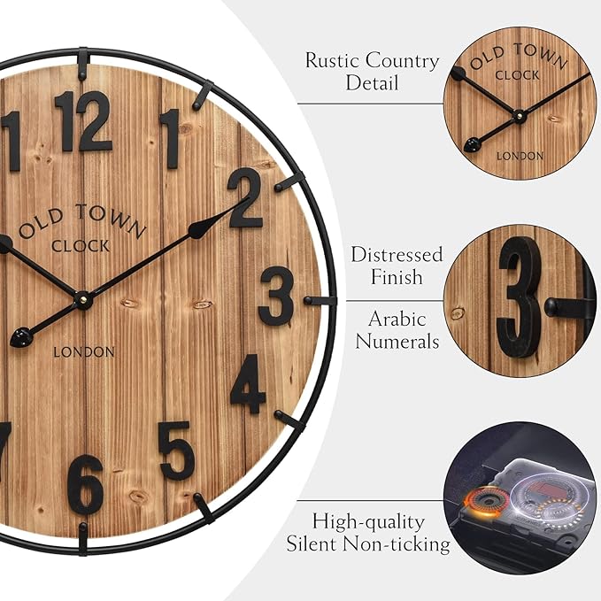 Large Old Town Farmhouse Wall Clock 24 Inch Rustic Antique Wood with Metal Circle and Large Numerals Silent Battery Operated Wall Clock for Office Kitchen Bedroom Living Room-Ruum Studio Home