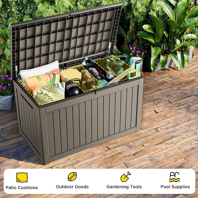 230 Gallon Outdoor Deck Box,Storage Lockable Waterproof Patio Furniture,Garden Tools,Cushions,Pool Accessories Outside Storage Resin Box(Grey)-Ruum Studio Home