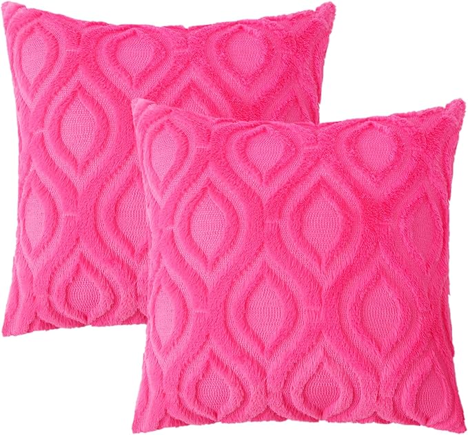 decorUhome Fall Throw Pillow Covers 22x22 Inch Set of 2, Soft Plush Decorative Faux Fur Hot Pink Solid Couch Pillow Covers, Accent Farmhouse Neutral Square Euro Pillow Cases for Sofa Bed Living Room-Ruum Studio Home