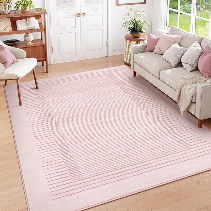 Wonnitar Striped Large Rugs for Living Room, Washable 9x12 Area Rugs for Bedroom, Non-Slip Soft Minimalist Pink Area Rug Throw Carpet for Nursery Playroom Guest Room (Pink,9' x 12')-Ruum Studio Home