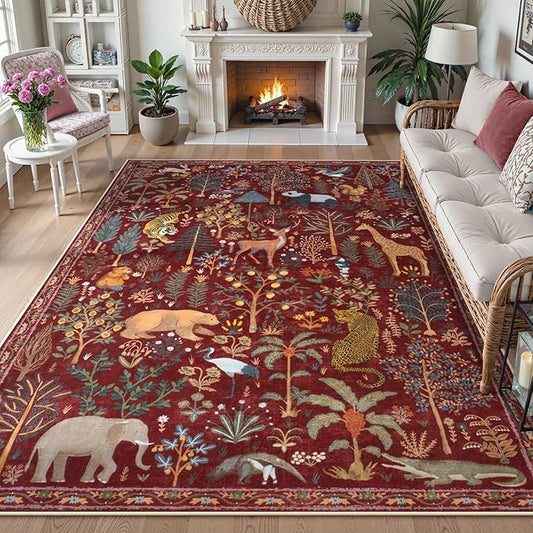 OJIA Jungle Print Washable Area Rugs 5x7, Soft Rugs for Living Room Ultra-Thin Non-Shedding Modern Bedroom Rug, Stain Resistant Throw Rug Large Carpet for Kids Nursery Dining Room, Red-Ruum Studio Home