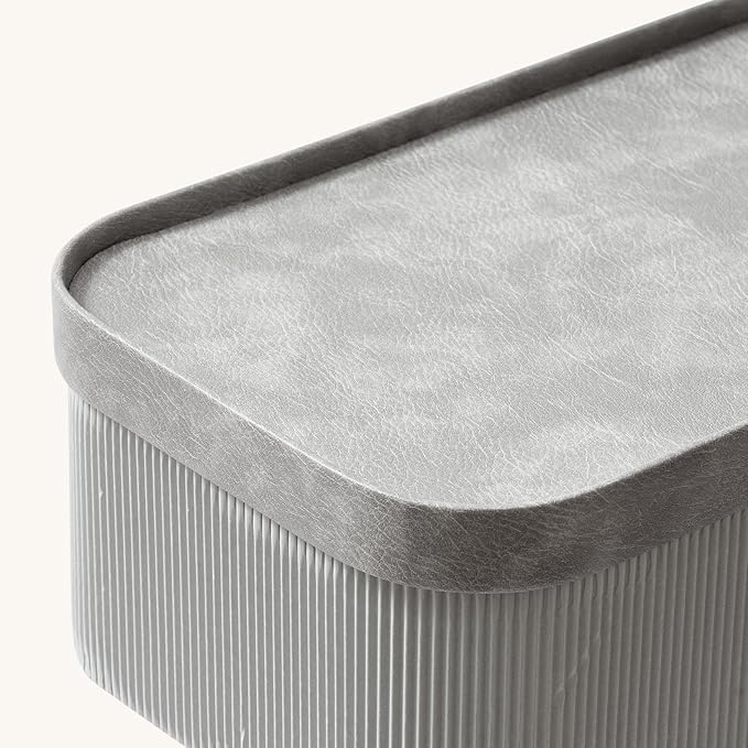 La Jolie Maison Fluted Cardboard Storage Baskets with Vegan Leather Lids, Sturdy Stackable Paper Boxes Decorative Tray, Modern Basket Organizer Bins Bathroom Bedroom Organizing, Storm Grey, Set of 3-Ruum Studio Home