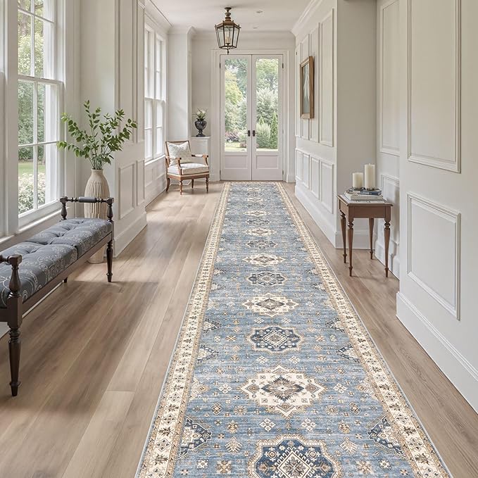 Washable 3x20 Runner Rug - Area Rugs Neutral Vintage Distressed Floral Farmhouse Boho Large Soft Floor Rug Indoor Carpet for Hallway Entryway Home - Blue-Ruum Studio Home