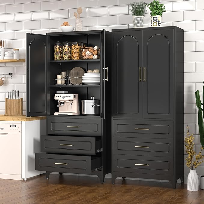 Kitchen Pantry Cabinet, 75" Tall Pantry Cabinet with Three Drawers, Freestanding Food Cupboard with Doors and Shelves, Metal Storage Cabinets for Dining, Living Room, Black, Assembly Required-Ruum Studio Home