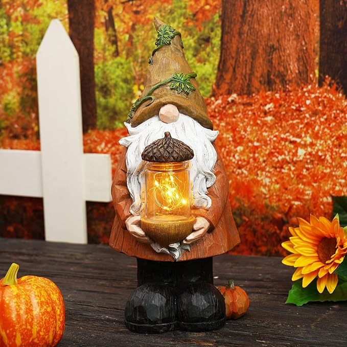 Topadorn Fall Garden Gnome Statue Light, Autumn Harvest Gnome Figurine with Pine Cone on Hand for Fall Harvest Party Thanks, Autumn Thanksgving Gifts for Famliy-Ruum Studio Home