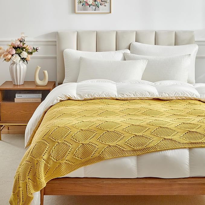 Longhui bedding Chunky Cotton Knit Throw Blanket for Couch, Sofa, Bed, or Chair, Decorative Breathable Fall Cable Knit Blanket 60 x 80 Inches, Large Mustard Yellow-Ruum Studio Home