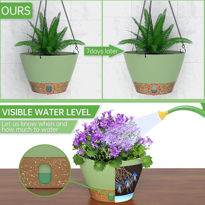 ZMTECH 2 Pack 10 Inch Hanging Planters for Outdoor Plants, Hanging Pots for Plants Indoor with Visible Water Level, Hanging Flower Basket with Drainage Holes & Removable Tray(Green)-Ruum Studio Home