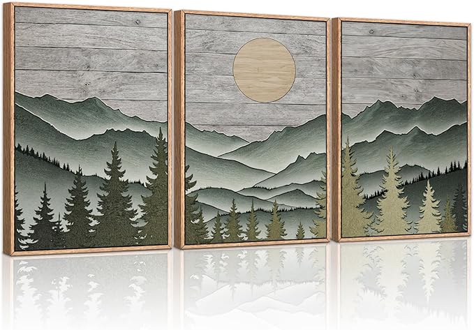 HLNIUC Mountain Framed Canvas Wall Art,Large Green Forest Woodcut Wall Decor Set of 3(16”x24”)Abstract Sun Forest Pine Trees Wall Painting,Rustic Sun Nature Landscape Art Print for Living Room,Bedroom-Ruum Studio Home