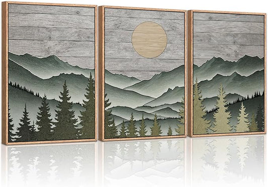 HLNIUC Mountain Framed Canvas Wall Art,Large Green Forest Woodcut Wall Decor Set of 3(16”x24”)Abstract Sun Forest Pine Trees Wall Painting,Rustic Sun Nature Landscape Art Print for Living Room,Bedroom-Ruum Studio Home