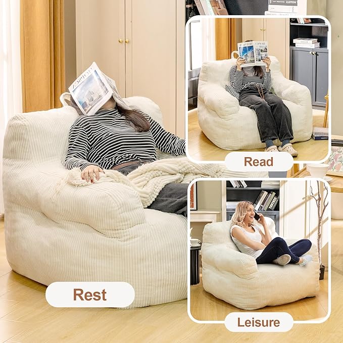 Bean Bag Chair for Adults - Faux Fur, Fluffy and Comfy with Filler, Big Sofa for Reading, Gaming (Beige, Oversize)-Ruum Studio Home