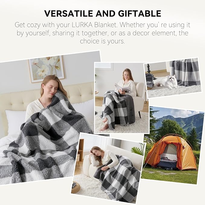 LURKA Checkered Sherpa Fleece Queen-Size Bed Blanket - Extra Thick and Warm Winter Soft Fuzzy Plush Blanket for Couches, Beds & Pets, Smoke Grey, 90x90 Inches-Ruum Studio Home
