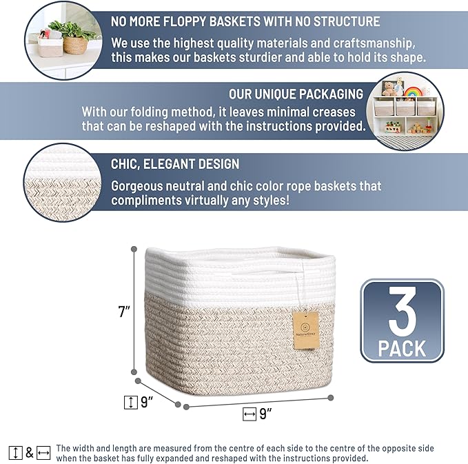 NaturalCozy Storage Cubes 9”x9”x7”Cotton Rope Woven Baskets for Organizing 3-Pack | 9 Inch Cube Storage Bin | Small Basket for Shelf Nursery, Pantry, Decorative Plant, Bathroom Closet, Toy Gift-Ruum Studio Home