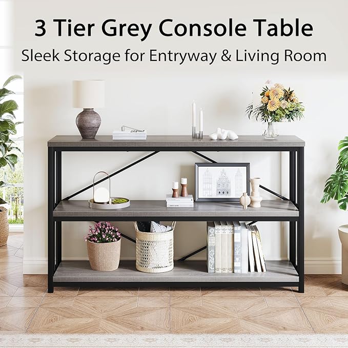 LVB Farmhouse Entryway Table, Metal Wood Console Table for Hallway, Industrial Rustic Sofa Table with 3-Tier Storage Shelf, Modern Entry Table for Foyer Front Home Living Room, Light Grey Oak, 47 inch-Ruum Studio Home