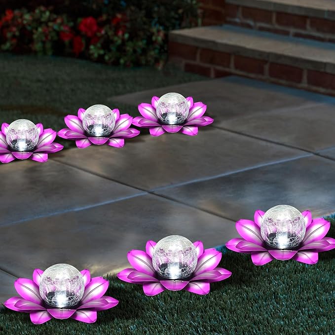LEWIS&WAYNE Solar Garden Lights Outdoor, 3 Pcs Purple Lotus Flower Pathway Lamps with Cool White Crackle Glass Globe Led Lights for Patio Pathway Yard Balcony Garden Decorations-Ruum Studio Home