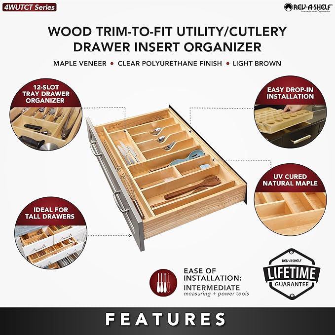 Rev-A-Shelf Trim-to-Fit Silverware Drawer Organizer For Kitchen Utensils, Cutlery Cabinet Storage Divider Insert, 33" x 22", Maple Wood, 4WUTCT-36-1-Ruum Studio Home