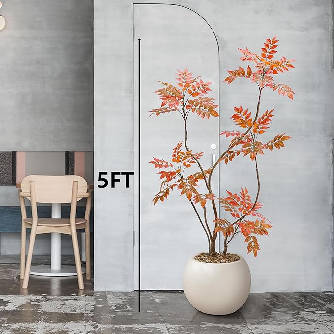 Artificial Mahonia Fortunei Tree 5FT,Tall Fake Plant Artificial Sumac Tree, Faux Plants Indoor Fake Plants Decor with Pots for Home Office Bathroom Bedroom Living Room Decorations Housewarming-Ruum Studio Home