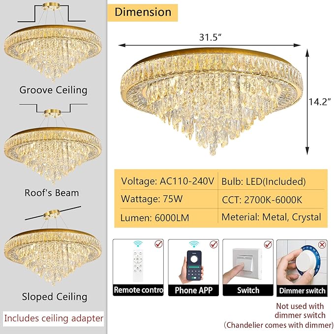 Modern Crystal Chandeliers for Living Room Ceiling Light Fixture LED Dimmable Lamp with Remote Pendant Lighting Flush Mount Ceiling Light for Dining Room Bedrooms Foyer-Ruum Studio Home