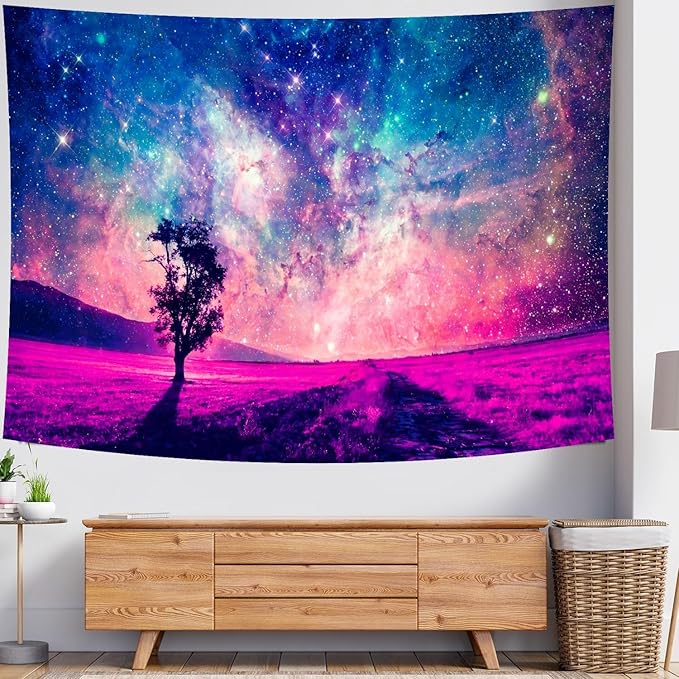Delur Tree in Galaxy Tapestry Planet Cosmic Outer Space Universe Starry Sky Wall Hanging Tapestry Psychedelic Forest Nature Landscape Headboard for Bedroom Living Room Home Decor (51.2" x 59.1")-Ruum Studio Home
