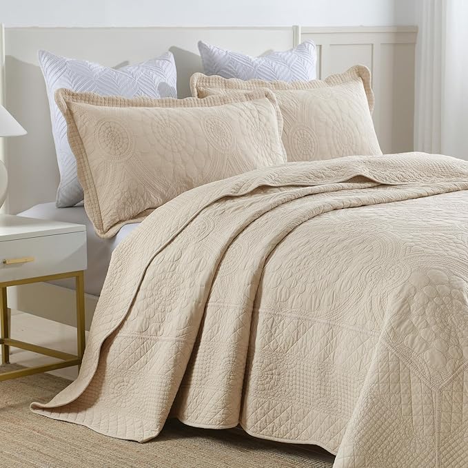 MarCielo 3-Piece 100% Cotton Oversized Bedspread Lightweight Quilt Coverlet Embroidery Farmhouse Bedding (Tf Khaki Beige, Oversized King (118"x106"))-Ruum Studio Home