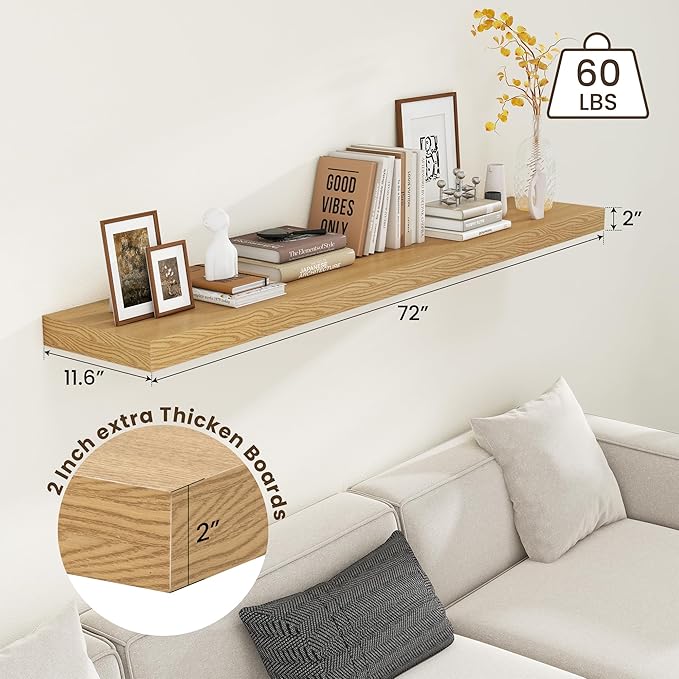 Deep Floating Shelves for Wall - 72 Inch Wide x 12 Inch Deep Wall Shelves Set of 1 - Rustic Oak Color Wood Shelves for Living Room, Bathroom, Laundry Room, Bedroom, Kitchen, Home Office-Ruum Studio Home