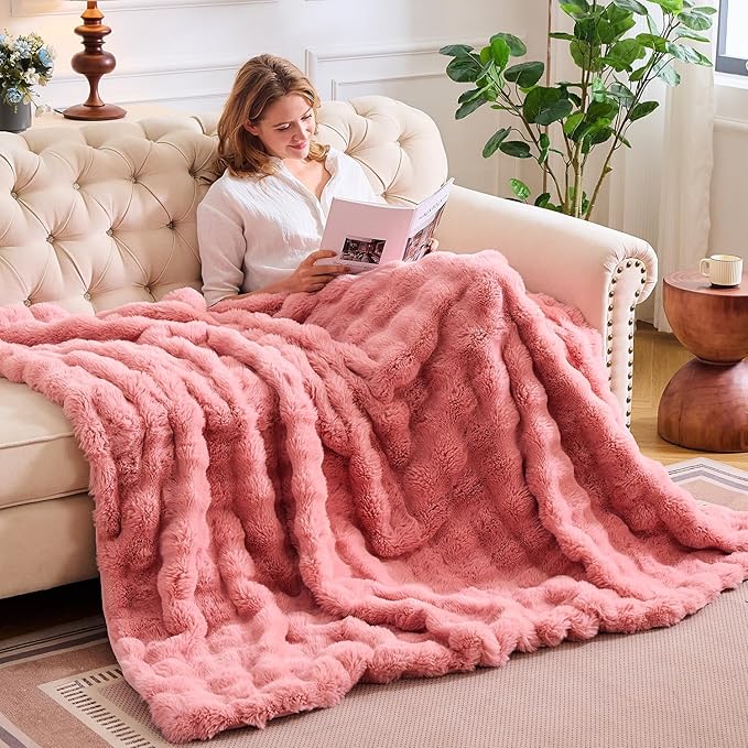 Lotus Karen Faux Fur Blanket - Old Pink Twin Size, Big Bubble Rabbit Fluff Blanket for Couch, 60x80 Inches-Ruum Studio Home