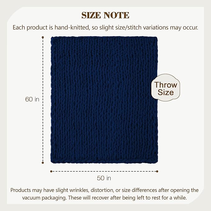 Carriediosa Chunky Knit Throw Blanket 50" X 60", 100% Hand Made Large Chenille Loop Yarn Soft Fluffy Throws for Couch Sofa Bed, Big Crochet Cozy Heavy Thick Cable Woven Blankets, Navy Blue-Ruum Studio Home