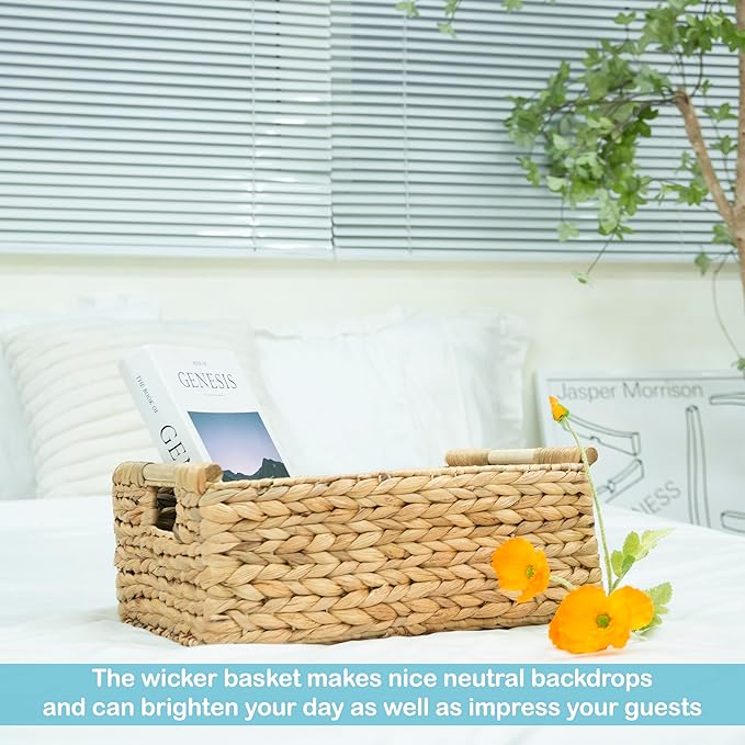 VATIMA Hyacinth Large Wicker Basket 15.5x10.8x6.2" - Rectangular, Wooden Handles, Shelf Organizer-Ruum Studio Home