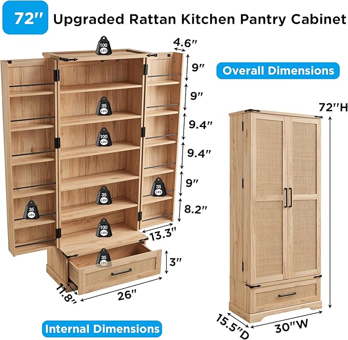 72" Tall Rattan Kitchen Pantry Cabinet with Drawer, Boho Storage Cabinet with 2 Rattan Doors and Shelves, Versatile Large Cabinet for Dining Room, Bathroom, Living Room, Laudry, Natural Oak-Ruum Studio Home