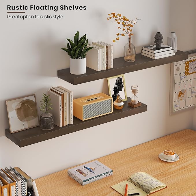 Wood Floating Shelves for Wall 36” x 8”x 1.4” Shelf Floating Rustic Farmhouse Decor, Heavy Duty Shelf Hold 80 lbs, Wall Shelves for Bathroom Living Room Kitchen Bedroom Office, 2 Packs Walnut-Ruum Studio Home