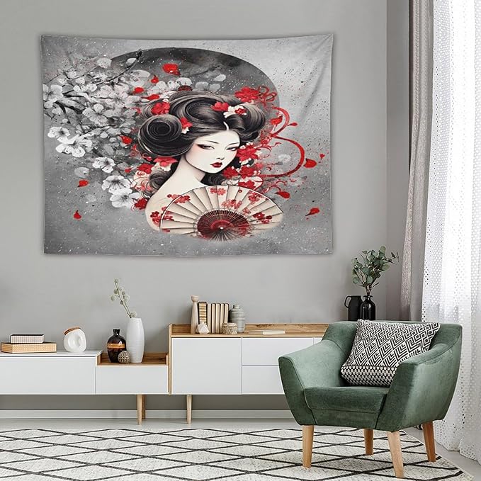 Japanese Geisha Tapestry Asian Red Cherry Blossom Red Sun Traditional Kimono Folk Tapestries Home Decor for Living Room Bedroom Apartment Farmhouse Dorm 80"x60"-Ruum Studio Home