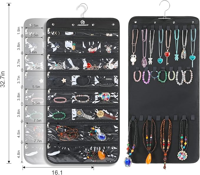 Freegrace Hanging Jewelry Organizer Revolving Hanger - Secure Zipper Closure - 25 Pockets,23 Hooks - Foldable Storage & Display Solution - for All Jewelry & Bijoux (Black)-Ruum Studio Home