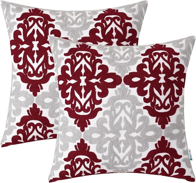 HWY 50 Burgundy Red Decorative Throw Pillow Covers 18x18 Inch, Pack of 2 Embroidered Cotton Farmhouse Cushion Cover Pillow Case for Sofa Couch Living Room Bed Bedroon, Accent Geometric-Ruum Studio Home