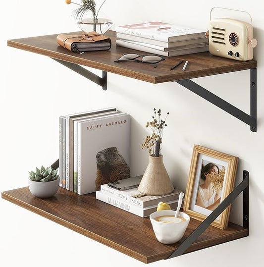 Deep Floating Shelves, 12 Inch Deep Floating Shelves for Wall, 24"W x 12"D Wall Shelves for Books, Large Rustic Wooden Shelf, Wide Display Shelf for Bathroom, Living Room, Walnut Color, Set of 2-Ruum Studio Home