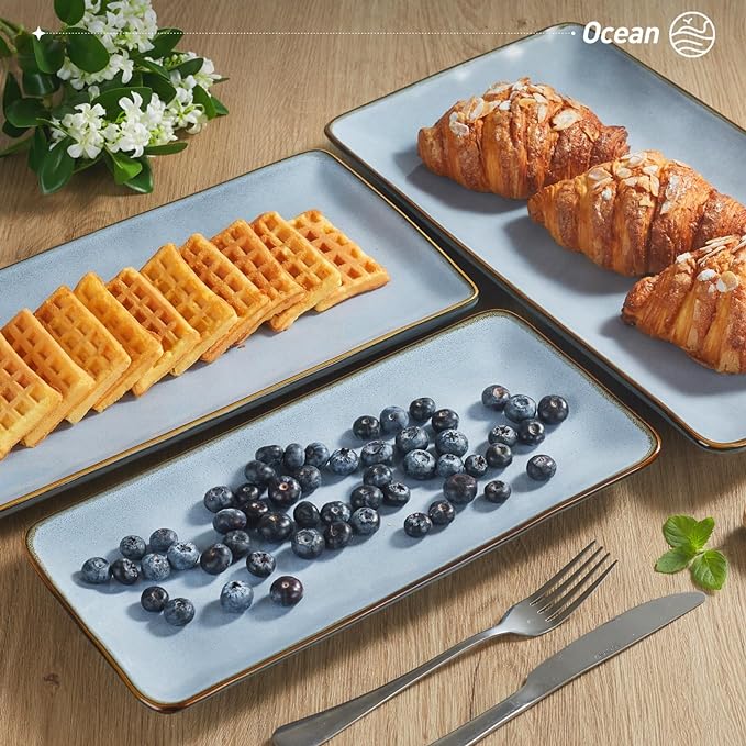 famiware Serving Platter, Rectangular 15.67/14.1/12.6inch Serving Dishes for Entertaining, Reactive Glaze, Stoneware Serving Trays for Party, Food, Turkey, Snack, Cheese, Ocean Series, Blue-Ruum Studio Home