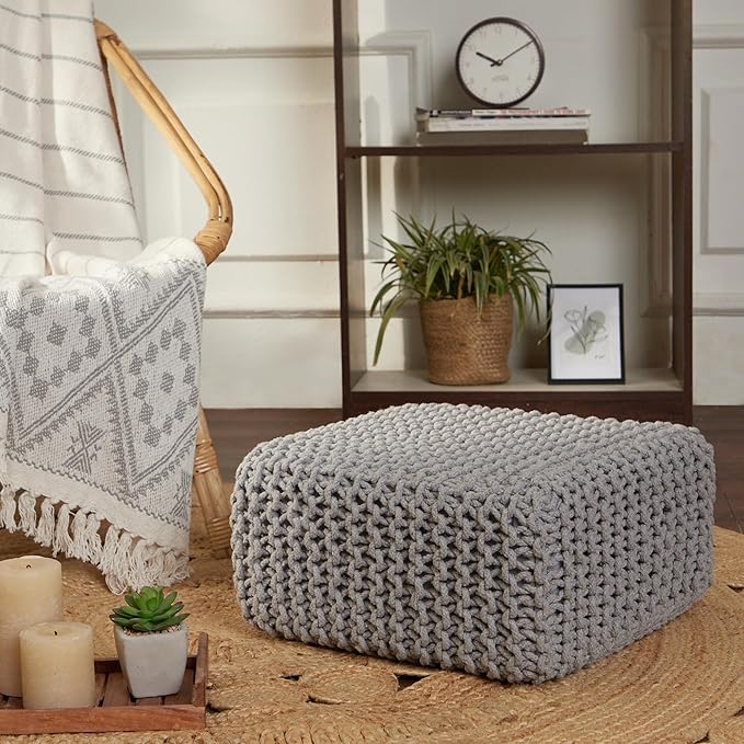 REDEARTH · Cube Low Pouf Foot Stool Ottoman - Hand Knitted Poof - Cord Boho Pouffe - Home Décor - Stuffed Footrest for Living Room - Nursery - Bedroom - Patio (16" x 16" x 8") - Light Gray-Ruum Studio Home