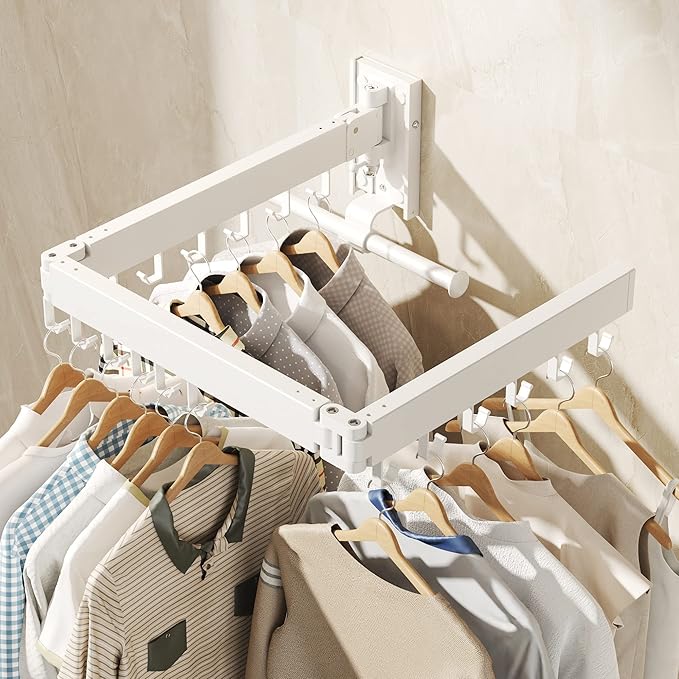 Wall Mounted Clothes Hanger Rack, Clothes Drying Rack,Laundry Drying Rack,Collapsible Clothes Rack Wall Mount, Retractable Drying Rack Clothing,can Fold Upward & Left & Right,White Color-Ruum Studio Home