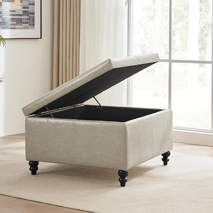 HUIMO Square Storage Ottoman, Tufted Leather Ottoman for Living Room (Khaki)-Ruum Studio Home