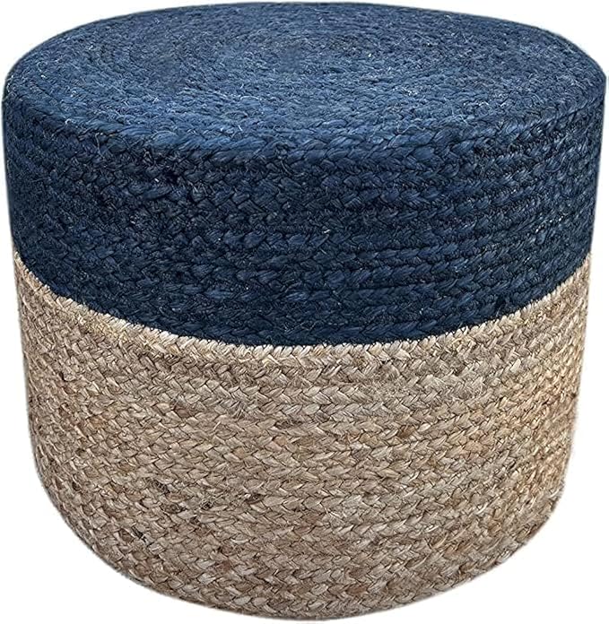 Jute Pouf Ottoman | Footrest Pouf | Hand Braided - Round Boho Pouffe - for Living Room, Bedroom, Nursery (18"x18"x12") Navy-Ruum Studio Home