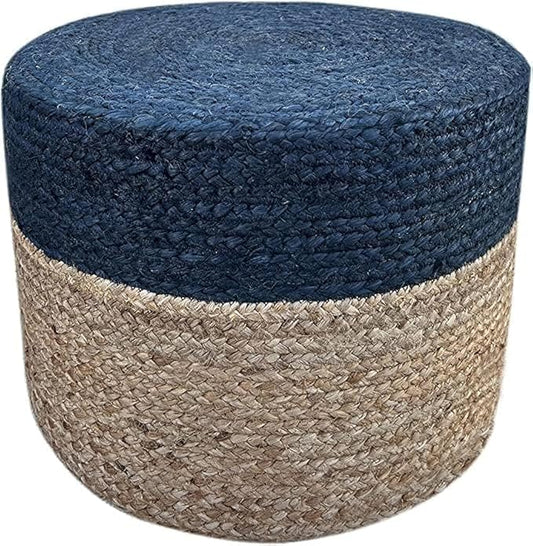 Jute Pouf Ottoman | Footrest Pouf | Hand Braided - Round Boho Pouffe - for Living Room, Bedroom, Nursery (18"x18"x12") Navy-Ruum Studio Home
