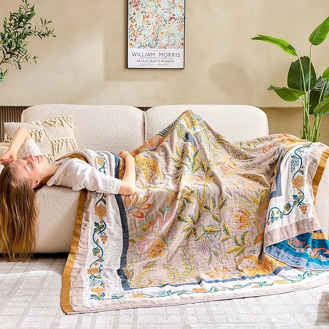 Boho Blanket, 100% Cotton Farmhouse Decorative Throw Blanket, 50"x60" Reversible Bohemian Throw Blanket, Brown All Season Muslin Breathable Woven Blankets Quilt-Ruum Studio Home