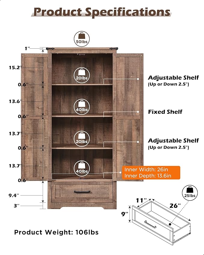 72" Tall Wood Storage Cabinet, Farmhouse Kitchen Pantry Cabinet with Adjustable Shelves & Drawer & Barn Doors, Versatile Storage for Kitchen, Dining Room, Bathroom, Light Brown-Ruum Studio Home