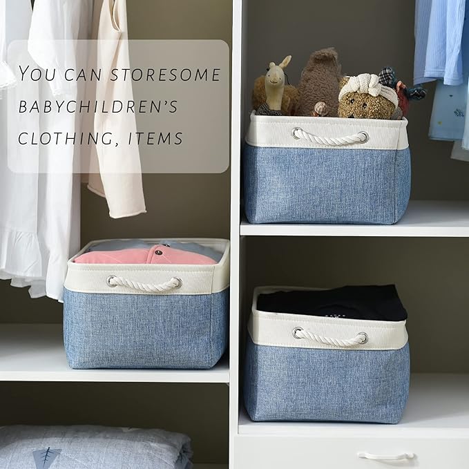 TcaFmac Storage Bins for Organization - Large 3 Pack Canvas Storage Basket for Shelves with Handles, Collapsible Baskets for Organizing for Closet Dog Laundry (White & Blue16x12x8 inch)-Ruum Studio Home