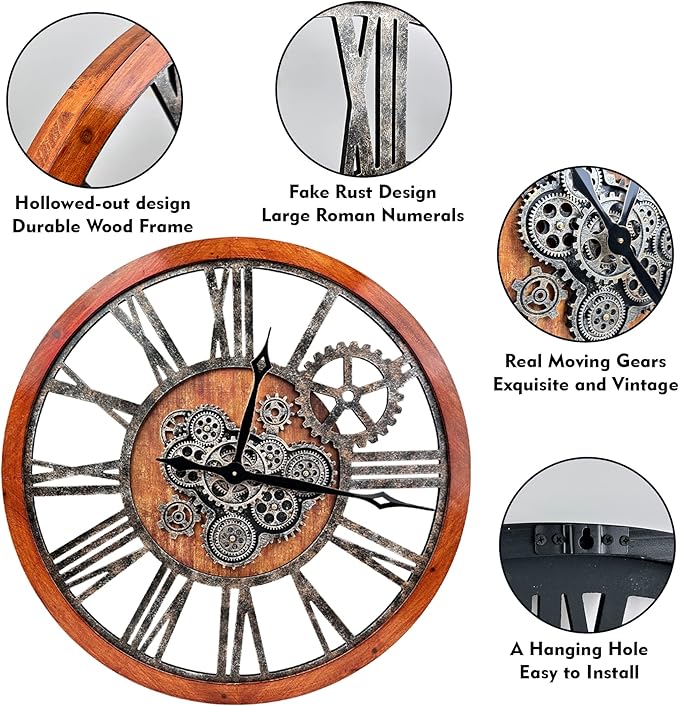 The B-Style 36" Large Moving Gear Wall Clock Oversized Vintage Farmhouse Wall Clocks for Living Room Decor Rustic Industrial Wood Clock (Brwon with Bronze Gears)-Ruum Studio Home