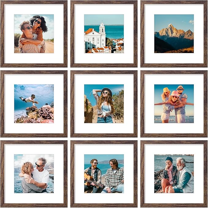 Vittanly 12x12 Picture Frames Set of 9, Shatter Resistant Plexiglass, Display 8x8 Pictures with Mat or 12x12 without Mat, Photo Frames for Wall Mount, Engineered Wood, Brown-Ruum Studio Home