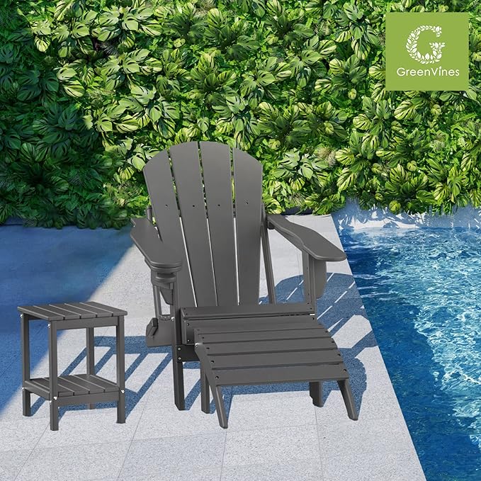 GREENVINES Adirondack-Ottoman | HDPE Plastic | Outdoor Footrest | All Weather | Foot Rest | Foot Stool | Grey | for Adirondack Chair | for Patio Backyard Pool-Ruum Studio Home