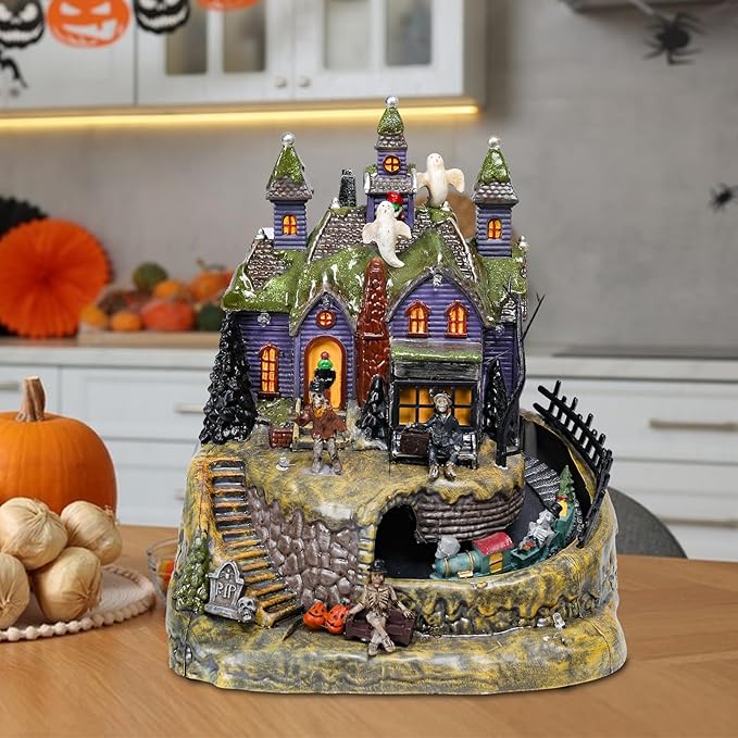 DREAM GARDEN Halloween Village Collection, Lighted Spooky Haunted House with Animated Train and Scary Sound Resin Spooky Town with Skull, Pumpkin, Ghost for Holiday Party Tabletop Decor-Ruum Studio Home