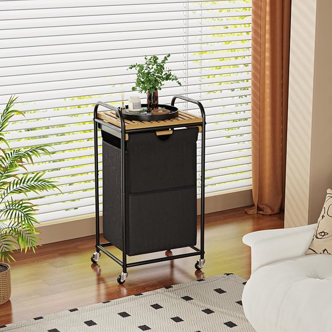 Laundry Hampers 1 Section, Laundry Sorter with Removable Shelf and Pull-Out Bags, Clothes Hampers with Wheels Rolling Cart Basket for Laundry Room Bathroom, 50 L (Black)-Ruum Studio Home