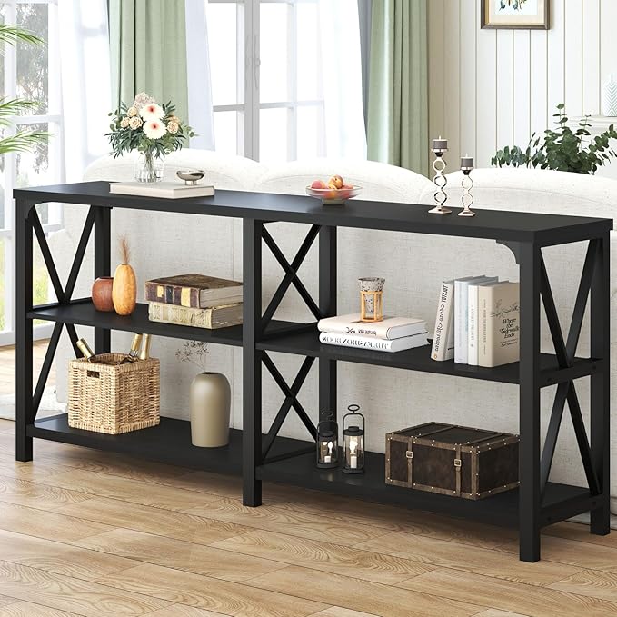LVB Industrial Entryway Table, Farmhouse Rustic Console Tables Behind Couch, Long Metal Wooden Sofa Table with Storage Shelf, Modern Foyer Hallway Table for Living Room Bedroom, Black Oak, 63 in-Ruum Studio Home
