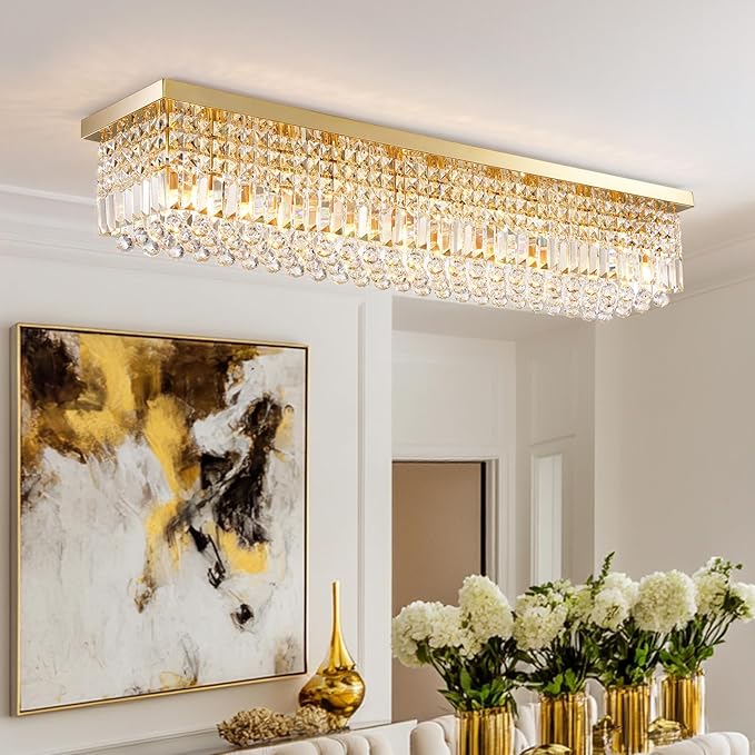 10 Lights Gold Flush Mount Rectangle Chandelier, Modern K9 Crystal Chandeliers Light Fixture Rectangular Raindrop Chandelier Pendant Island Light for Living Dining Room Kitchen Bar L47 Inch-Ruum Studio Home